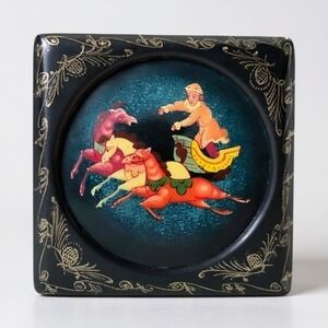 Vintage USSR Russian Lacquer Box, Handcrafted Folk Art, 2.5" Square